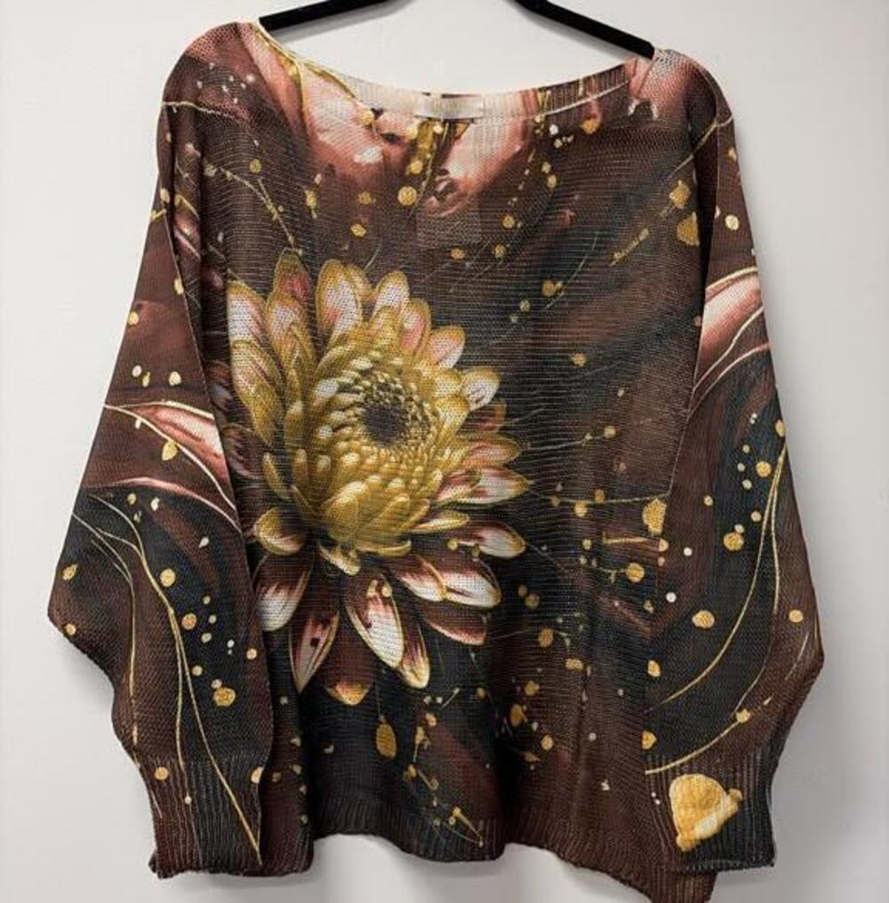 L211 A | Loowie Golden Lotus Round Neck Printed Knit Sweater | Brown | 1 Sz S-L